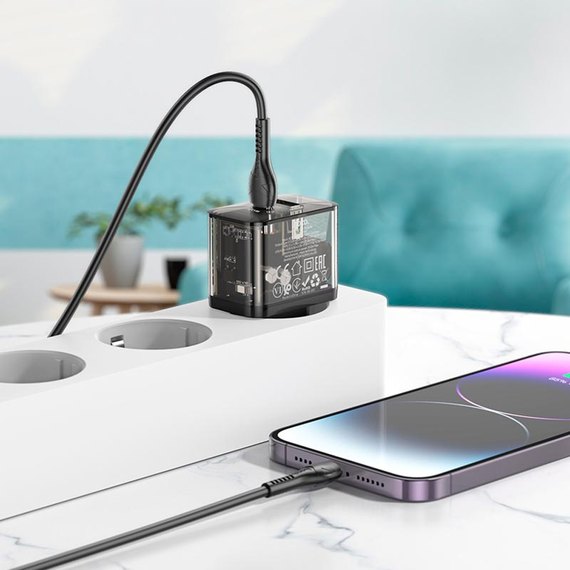 Зарядное устройство Hoco Dazzling dual-port N34 1USB/1Type-C, 20W/3A, PD/QC Transparent/Black (000009990), изображение 7