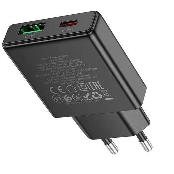 Зарядное устройство Hoco Type-C to Lightning Delgado dual Port charger N38 1USB/1Type-C, 20W/3A, PD/QC Black (000010319), изображение 3