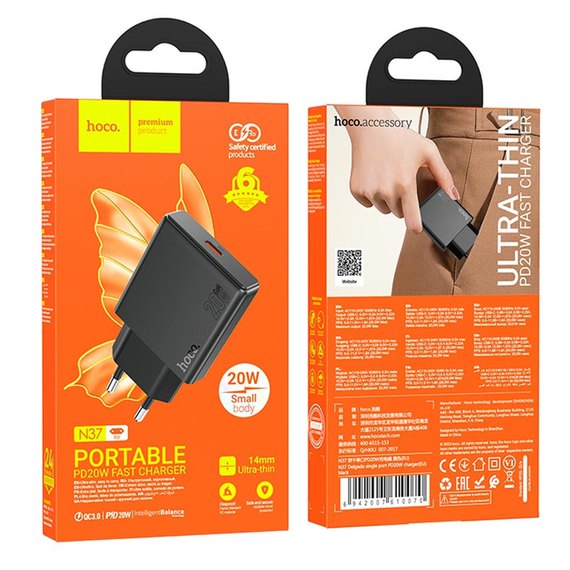 Зарядний пристрій Hoco Type-c to Lightning Delgado single port charger N37 Type-C, 20W/3A, PD/QC Black (000010317), зображення 8