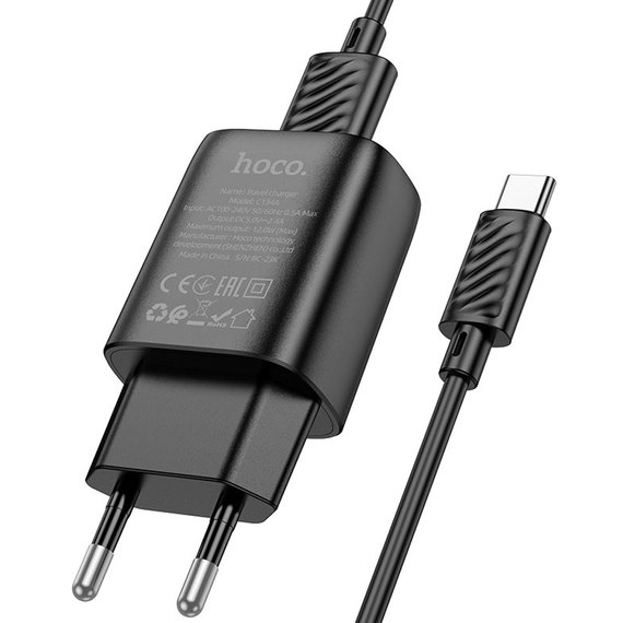 Зарядное устройство Hoco Type-C Cable Solid single Port charger C134A 1USB, 12W/2.4A Black (000010631), Цвет: Black, изображение 3
