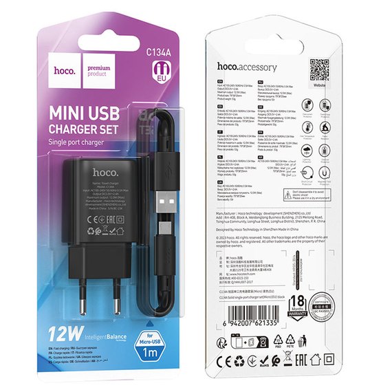 Зарядное устройство Hoco Type-C Cable Solid single Port charger C134A 1USB, 12W/2.4A Black (000010631), Цвет: Black, изображение 4
