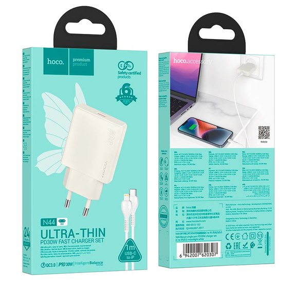 Зарядное устройство Hoco Type-C to Lightning cable Biscuit single port charger N44 Type-C, QC/PD, 30W/3A White (000010643), изображение 3