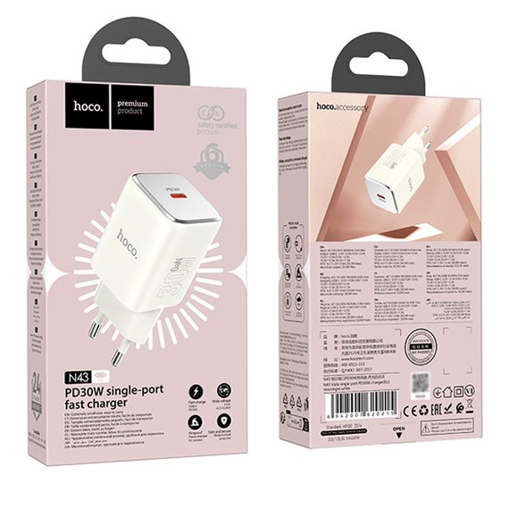 Зарядний пристрій Hoco Vista single port charger N43 Type-C, QC/PD, 30W/3A White (000010639), Колір: White, зображення 2