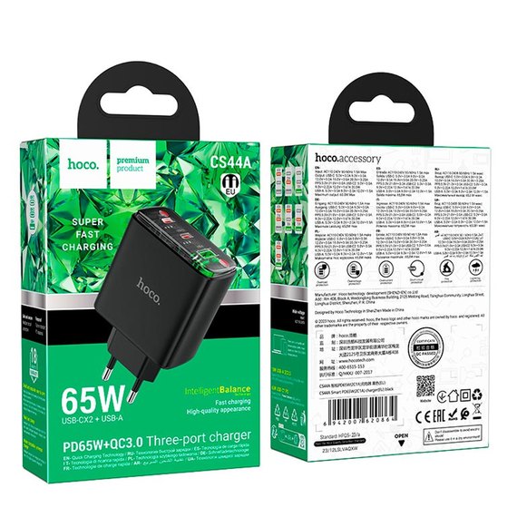 Зарядное устройство Hoco Smart charger CS44A 2Type-C/1USB, QC/PD, 65W/3A Black (000010648), Цвет: Black, изображение 5