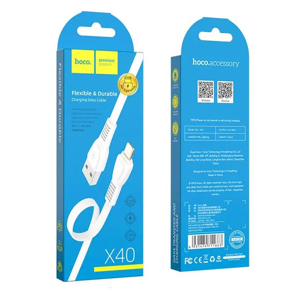 Кабель Hoco Lightning TPE Flat Noah X40 1m, 2.4A White (000003416), изображение 4