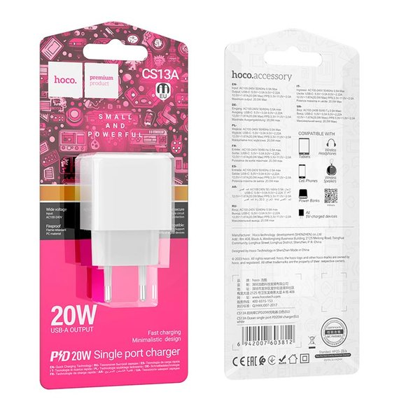 Зарядное устройство Hoco Ocean single port charger CS13A 1type-C, 20W/3A, PD/QC White (000009901), изображение 3