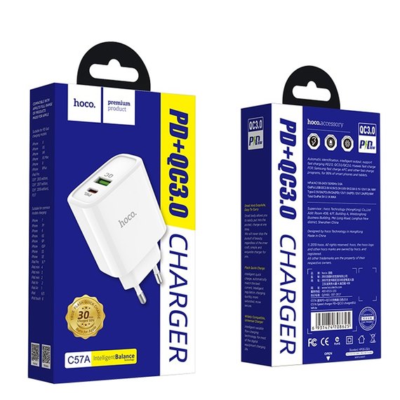 Зарядное устройство Hoco Speed C57a Type-C/USB, PD/QC3.0, 18W/3A White (000003297), изображение 6