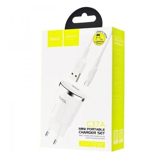 Зарядний пристрій Hoco Thunder Micro cable C37A 1USB, 2.4A White (000001394), зображення 5