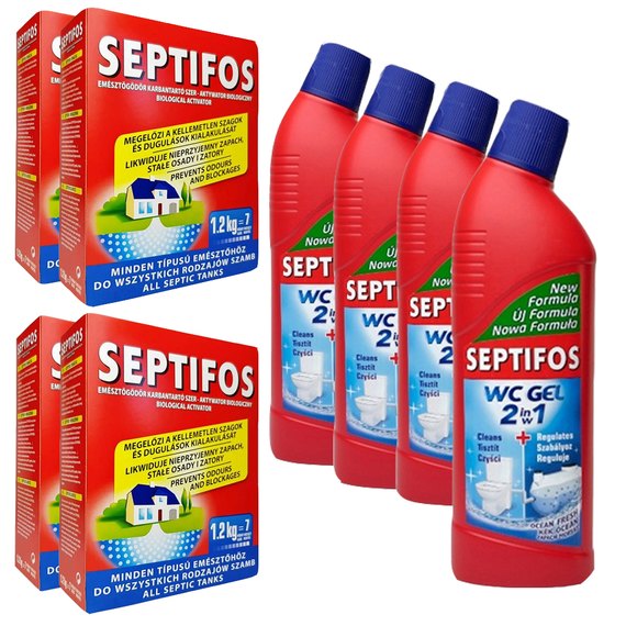 Набор Биопрепарат для выгребных ям Septifos 4,8 кг + 4 шт БиоГель Septifos Septibio Gel WC 3в1 750 мл