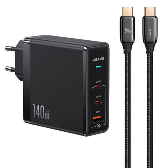 Зарядное устройство USAMS US-UM Fast Charger Kit GaN Type-C to Type-C Cable 240W PD3.1 T52 US-CC168  1USB/2Type-C, 140W/5 Black (000010738), изображение 2