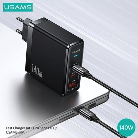 Зарядное устройство USAMS US-UM Fast Charger Kit GaN Type-C to Type-C Cable 240W PD3.1 T52 US-CC168  1USB/2Type-C, 140W/5 Black (000010738), изображение 3