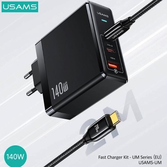 Зарядное устройство USAMS US-UM Fast Charger Kit GaN Type-C to Type-C Cable 240W PD3.1 T52 US-CC168  1USB/2Type-C, 140W/5 Black (000010738), изображение 4