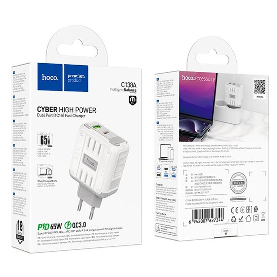 Зарядний пристрій Hoco Rock Charger C138A 1USB/1Type-C, 65W/3A, PD/QC White (000010913), зображення 3