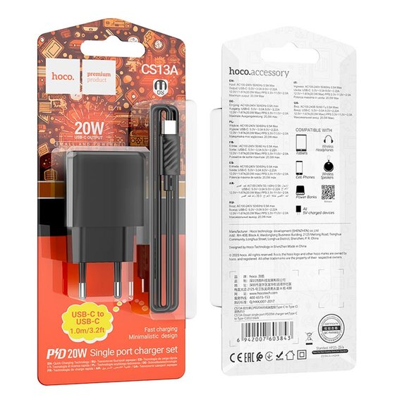 Зарядное устройство Hoco Type-C to Type-C cable Ocean single port charger CS13A 1type-C, 20W/3A, PD/QC Black (000010369), изображение 5