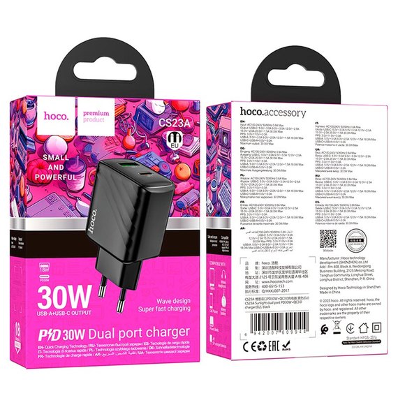 Зарядное устройство Hoco Sunlight dual-port charger CS23A 1USB/1Type-C, 30W/3A, PD/QC Black (000010468), изображение 5