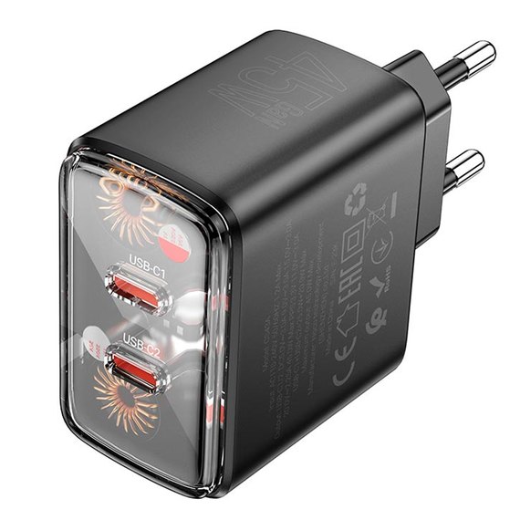 Зарядний пристрій Hoco Smart Charger CS43A 2Type-C, 45W/3A, PD/QC Black (000010810), Колір: Black, зображення 2