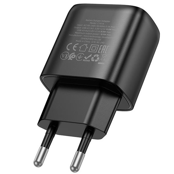 Зарядное устройство Hoco Smart dual-port charger C141A 2USB. 2.1A/10.5W Black (000010915), Цвет: Black, изображение 2