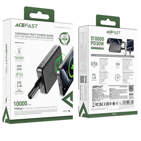 Повербанк Acefast M10 10000 mAh PD30W magnetic wireless charging power bank with cable Black (6974316283300), изображение 3