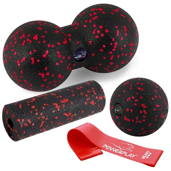 Массажный набор PowerPlay PP_4091 EPP Set 4 in 1 Red (PP_4091_Red), Резинка с уровнем сопротивления: 11 кг, Цвет массажёра : Чёрно-красный