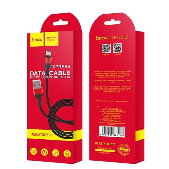 Кабель Hoco Micro USB Xpress X26 1m Black/Red (000000291), Колір: Black/Red, зображення 3