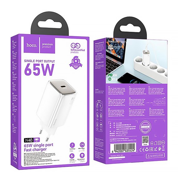 Зарядное устройство Hoco N48 Glorious single port charger 1Type-C, 65W/3A, PD/QC White (000011119), изображение 3