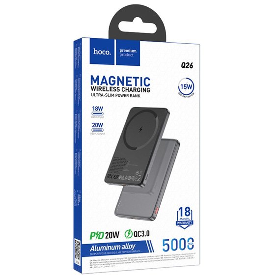Повербанк HOCO Q26 Joy PD20W magnetic fast charging 5000 mAh Metallic Grey (6942007624039), Колір: Сірий, зображення 5