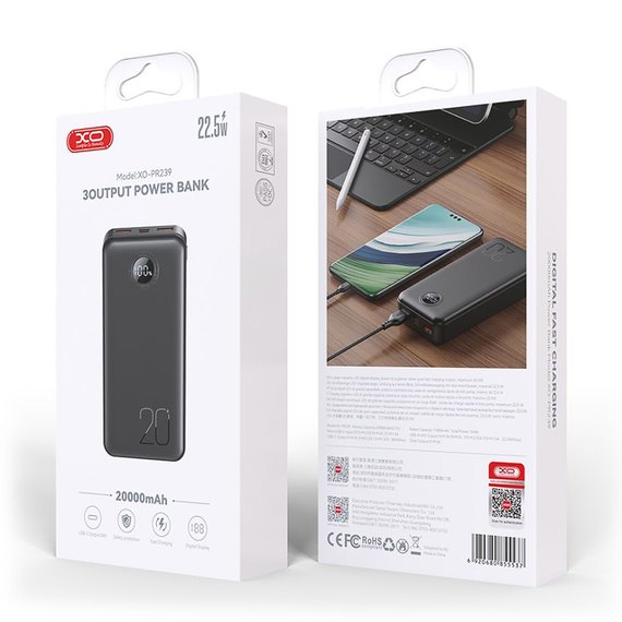 Повербанк XO PR239 PD20W/QC 22.5W digital display 20000 mAh Black (6920680855537), зображення 4