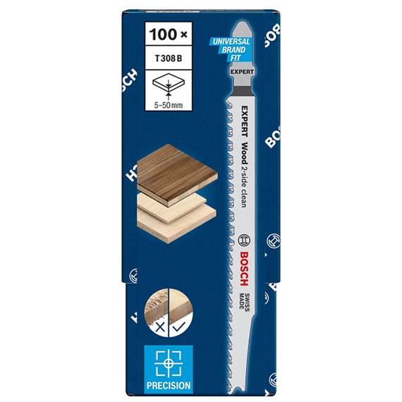 Пильное полотно по дереву для лобзиковых пил Bosch Expert Hardwood 2-Side Clean T 308 B 100 шт/уп (2608900553)
