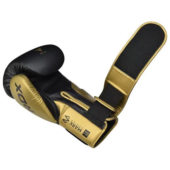 Боксерські рукавички RDX Mark Pro Sparring TRI Lira 2 Golden 10 унц (BGM-PSTL2G-10OZ), Вага: 10 унцій, Колір: Чорний/Золотий, зображення 4