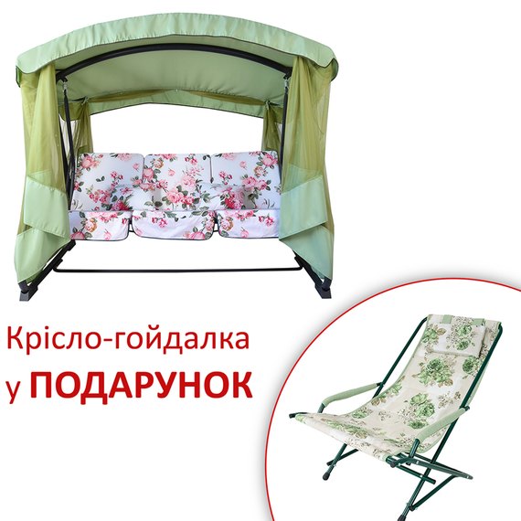 Садовая качель Vitan Семейная (бязь, роза) + кресло-качалка 8057, Цвет: Зеленый/Принт