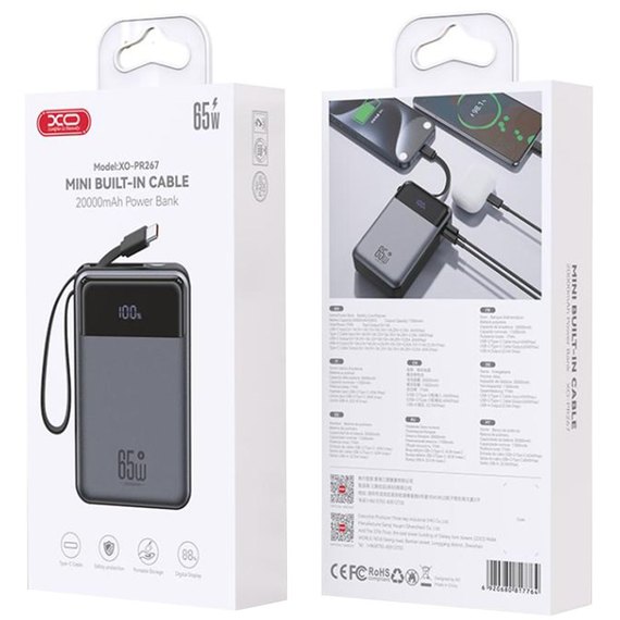 Повербанк XO PR267 65W with 65W Type-C 20000 mAh Grey (6920680817764), изображение 4