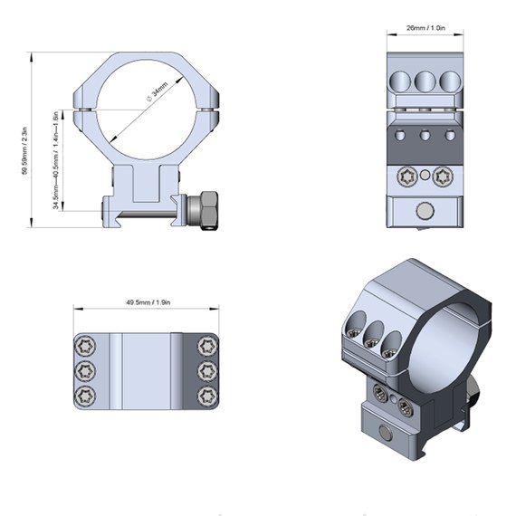 Кільця Vector Optics X-Aссu 34 мм на Вівер/Пікатінні з регульованою висотою 34,5-40,5 мм (XASR-3050), зображення 5
