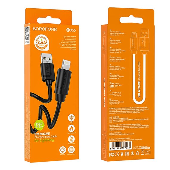 Кабель Borofone Lightning Harmony silicone charging data cable BX55 1m, 2.4A чорний (000007606), Колір: Black, зображення 2