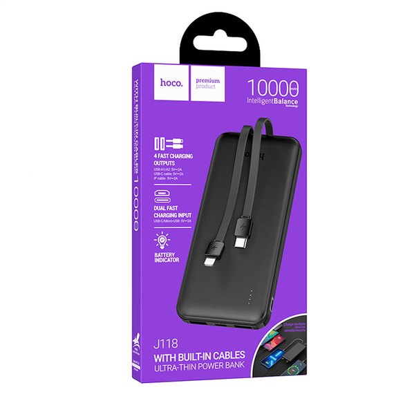 Повербанк HOCO Speed energy power bank with cable J118 10000 mAh Black, изображение 4
