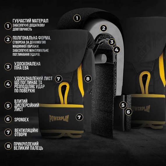 Боксерські рукавички PowerPlay 3021 Ukraine Чорний/Жовтий 16 ун (PP_3021_16oz_Black/Yellow), Вага: 16 унцій, Колір: Чорний/Жовтий, зображення 8
