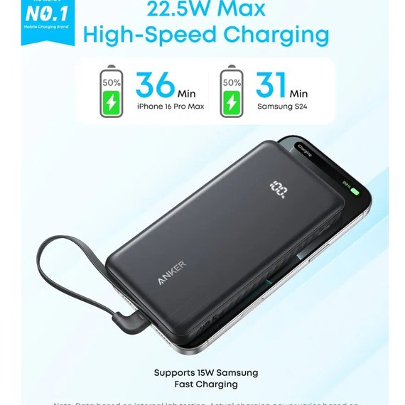 Повербанк Anker 10000 mAh 22.5W Built-In USB-C Cable Black (A110DH11), изображение 6