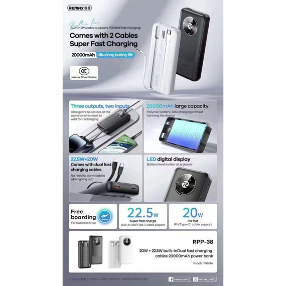 Повербанк Remax RPP-38 20000 mAh PD20W+22.5W (with cable Type-C+Lightning) Black, зображення 4