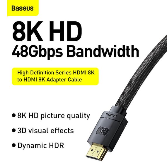 Кабель Baseus High Definition Series HDMI 8k to HDMI 8k Adapter Cable 2m, 8K, HDMI2.1 Black (CAKGQ-K01), изображение 2