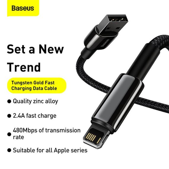 Кабель Baseus Lightning Tungsten Gold Fast Charging 1.2m, 2.4A Black (CALWJ-01), изображение 5