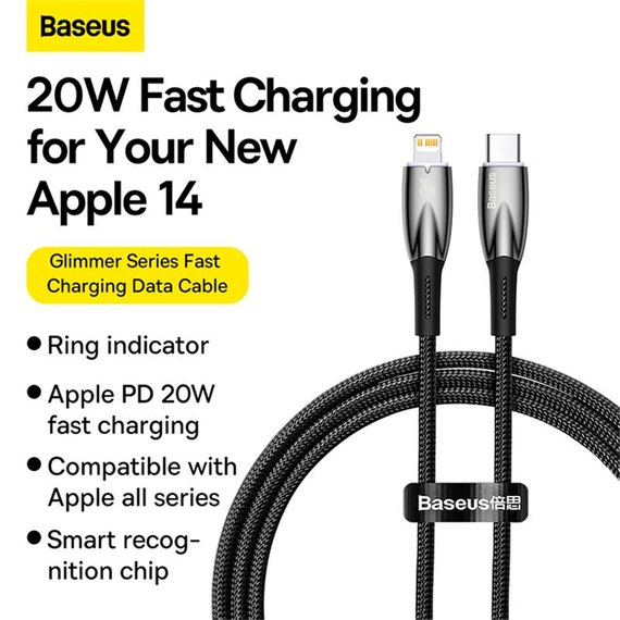 Кабель Baseus Type-C to Lightning Glimmer Series Fast Charging Data Cable 1m, 20W Black (CADH000001), изображение 3