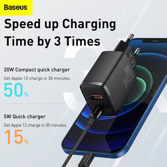 Зарядное устройство Baseus Compact Quick Charger 1USB/1TYPE-C, QC/PD, 20W, 3A Black (CCXJ-B02), изображение 5