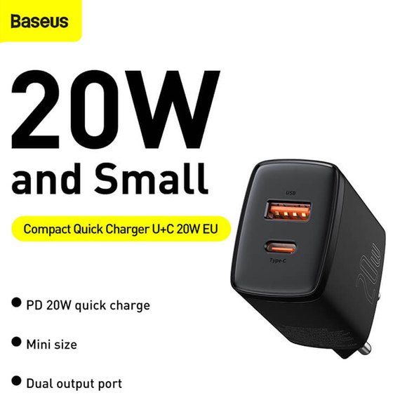 Зарядное устройство Baseus Compact Quick Charger 1USB/1TYPE-C, QC/PD, 20W, 3A Black (CCXJ-B02), изображение 3