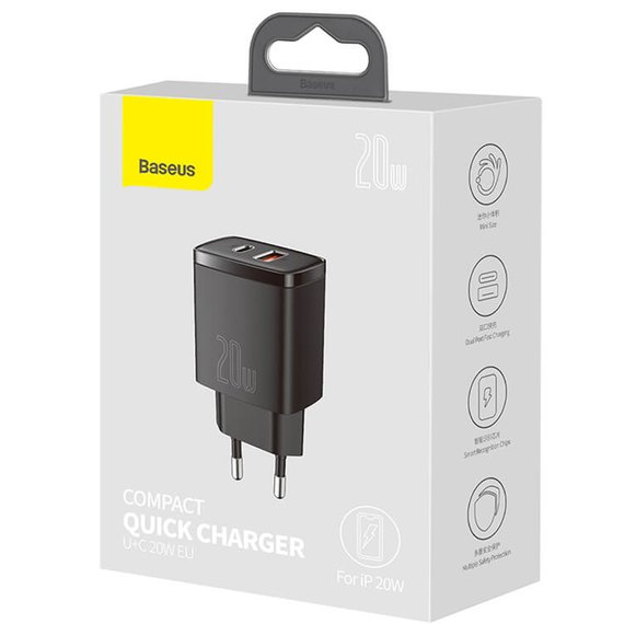 Зарядное устройство Baseus Compact Quick Charger 1USB/1TYPE-C, QC/PD, 20W, 3A Black (CCXJ-B02), изображение 7