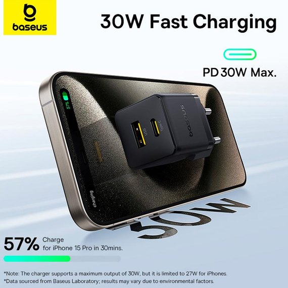 Зарядное устройство Baseus Palm Fast Charger 1USB/1Type-C, 30W/3A, PD/QC Black (P1011160A113-00), изображение 5