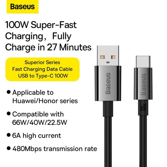 Кабель Baseus Superior Series Fast Charging Data Cable USB To Type-C 100W/6A, 1m Black (P10320102114-00), изображение 3