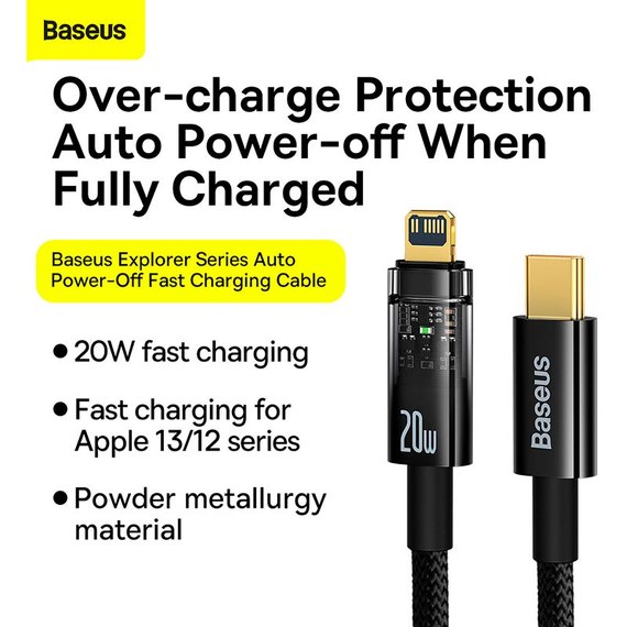 Кабель Baseus Type-C to Lightning Explorer Series Auto Power-Off Fast Charging Data Cable 1m, 20W Black (CATS000001), зображення 3