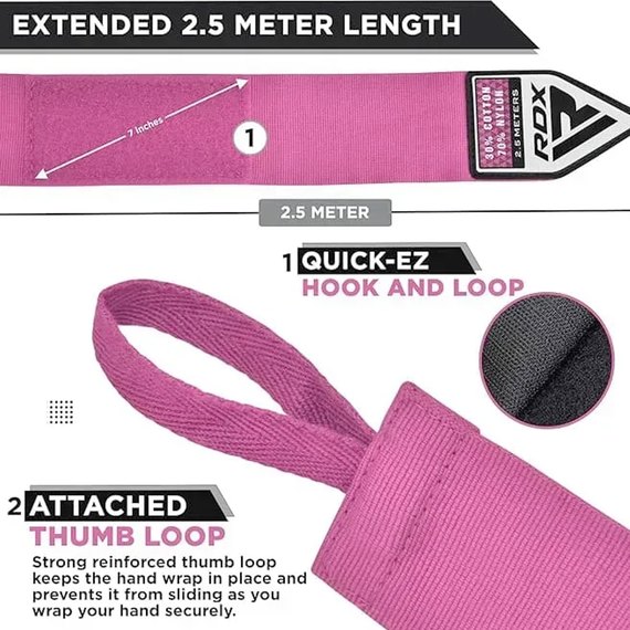 Бинты боксерские RDX RB Hand Wraps Pink 2.5 м (HWJ-RP), Цвет: Розовый, Длина бинта: 2.5 м, изображение 3
