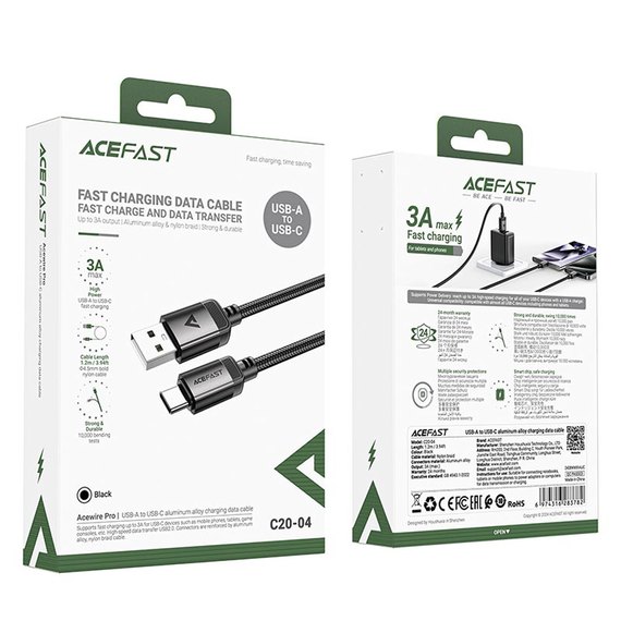 Кабель ACEFAST USB-A to USB-C alloy charging data cable C20-04 1.2m, 3A Black (6974316283782), изображение 4