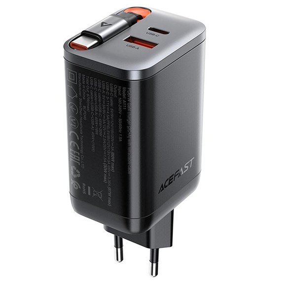 Зарядное устройство ACEFAST PD GaN charger with retractable cable A111 2USB-C/1USB-A, 67W/4.5A Black (6974316284062), изображение 4