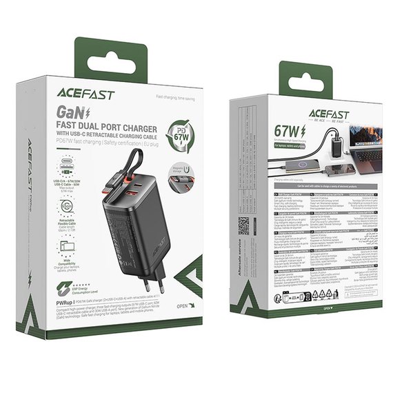 Зарядное устройство ACEFAST PD GaN charger with retractable cable A111 2USB-C/1USB-A, 67W/4.5A Black (6974316284062), изображение 5
